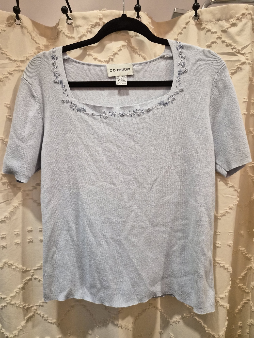 C.D. Petites Light Blue Scoop Neck Embroidered Short Sleeve Top